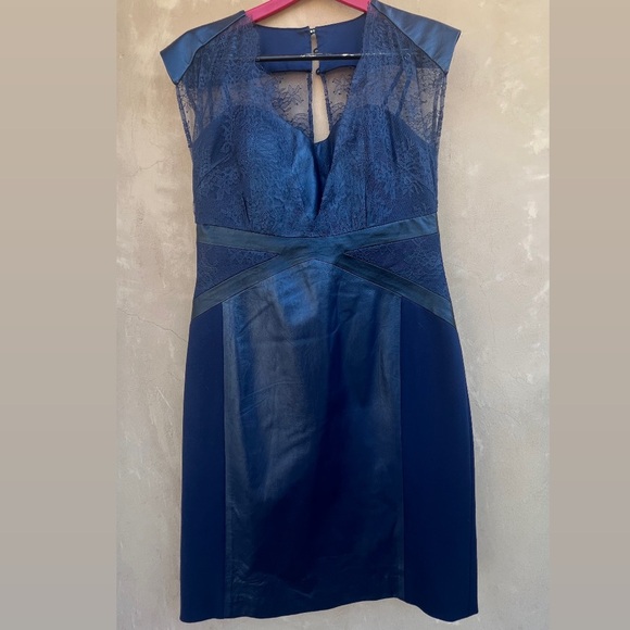 Catherine Deane Blue Lace Leather Trim Dress size 12 - Picture 1 of 15